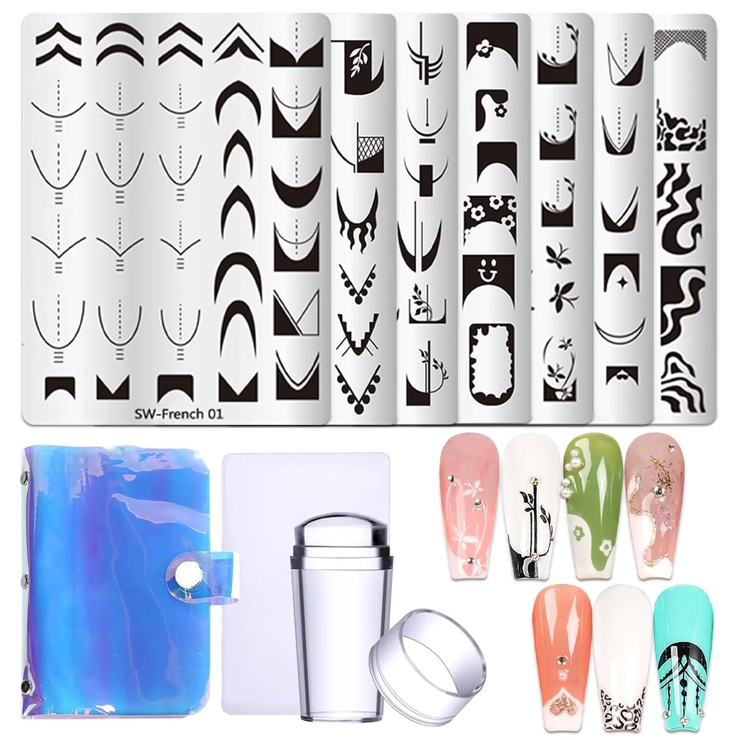 French Tip Nail Stamping Plate- 10 pcs Nail Stamper Kit Silicone Nail Stamper French Nail Stamp with Nail Art Stamps Storage Bag Nail Stamp Template Nail Supplies for Salon DIY-BrightBean Baby