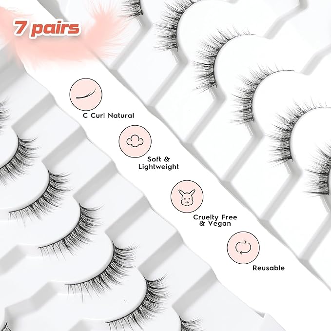 Natural Lashes Wispy Eyelashes Natural Look Short Lashes Pack 12mm Eyelashes C Curl False Lashes Thinner Band 3D Volume Fake Eyelashes 7 Pair Siligli-BrightBean Baby