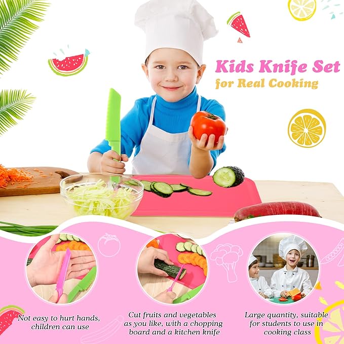 40 Pcs Kids Cutting Board and Knife Set Kids Plastic Safe Knives Toddler Cutting Board Colorful Toddler Cooking Utensils for Salad Fruit Vegetables