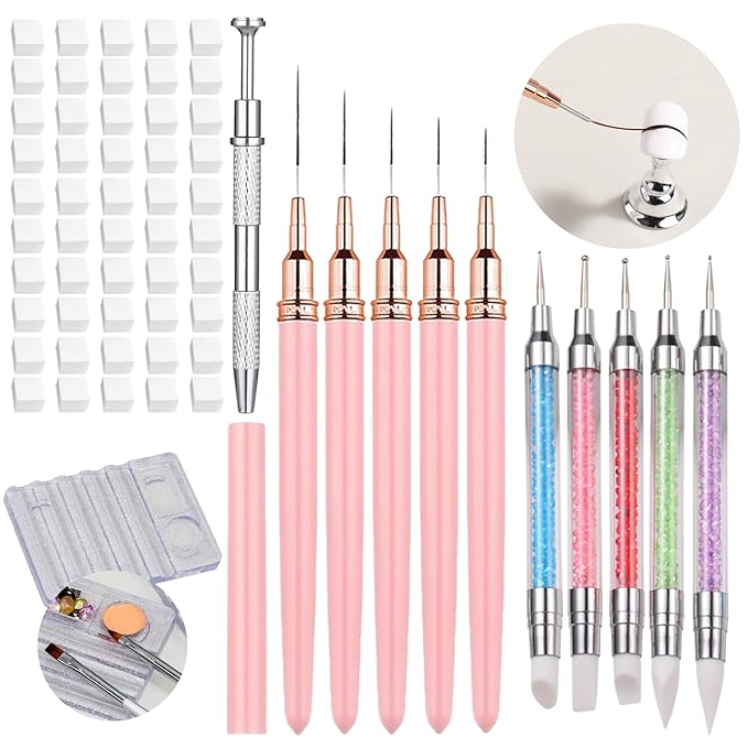 62 Pcs Nail Art Brushes Set,5 Pcs Striping Liner Brush,5 Pcs Dual Tipped Silicone Dotting Sculpture Pen,50 Pcs Nail Sponges for Ombre with Grabbing Pen,Mixing Palette Pen Holder-BrightBean Baby