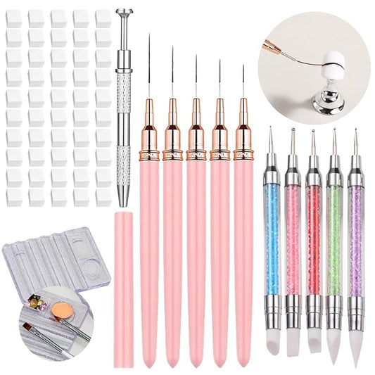 62 Pcs Nail Art Brushes Set,5 Pcs Striping Liner Brush,5 Pcs Dual Tipped Silicone Dotting Sculpture Pen,50 Pcs Nail Sponges for Ombre with Grabbing Pen,Mixing Palette Pen Holder-BrightBean Baby