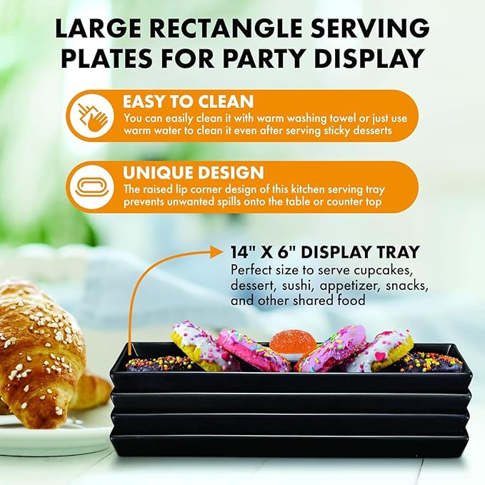 Set of 4 Rectangular Serving Plastic Platters 14 x 6 Inches Versatile Dishes for Entertaining, Perfect for Appetizers, Desserts, Cheese Boards, Charcuterie, and Sushi (Black)