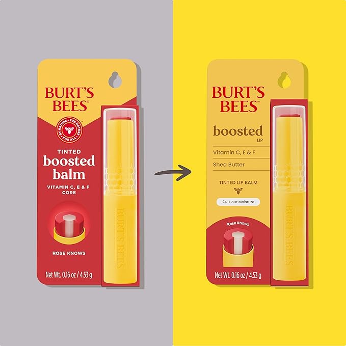 Burt’s Bees Back To School Dorm Essentials, Tinted Boosted Balm, Rose Knows, Hydrating Tinted Lip Balm with Vitamin C, E, and F Core, 24 Hour Lip Moisturizer, 100% Natural Origin, 1 Count, 0.16oz-BrightBean Baby