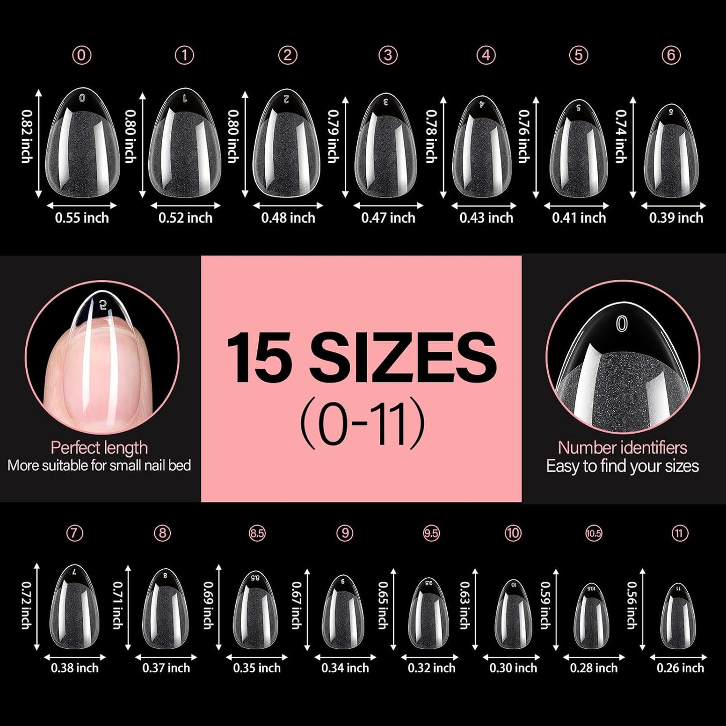 AILLSA Short Almond Nail Tips Pre-Shaped Acrylic Nail Tips Half Matte Full Cover Nails Tips Clear Gelly Press on Flase Tip Nail for Extension Nail Manicure Home DIY 240PCS 15Sizes-BrightBean Baby
