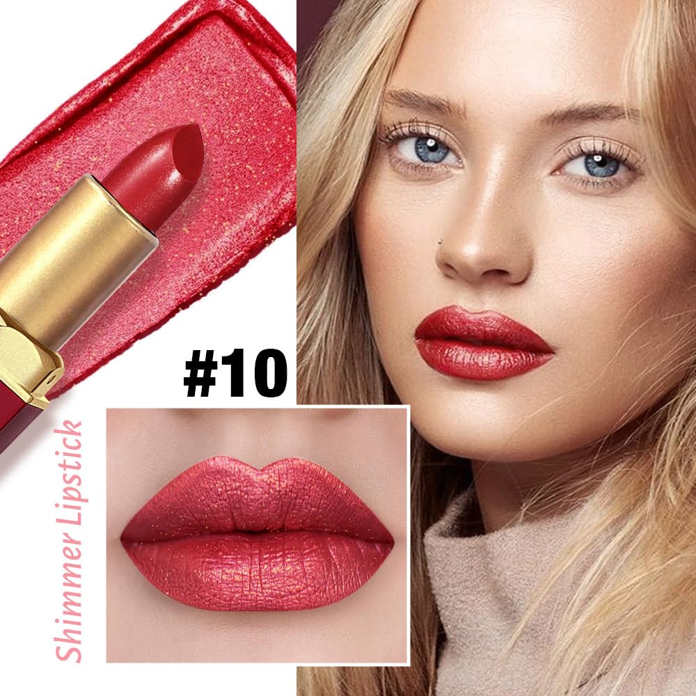 Red Metallic Lipstick for Women,Lightweight Shimmer Frosted Lipstick,Glitter Lip Gloss Stain Long Lasting Waterproof Smudge Proof 24 Hour Full Coverage Lip Makeup,Vegan-BrightBean Baby