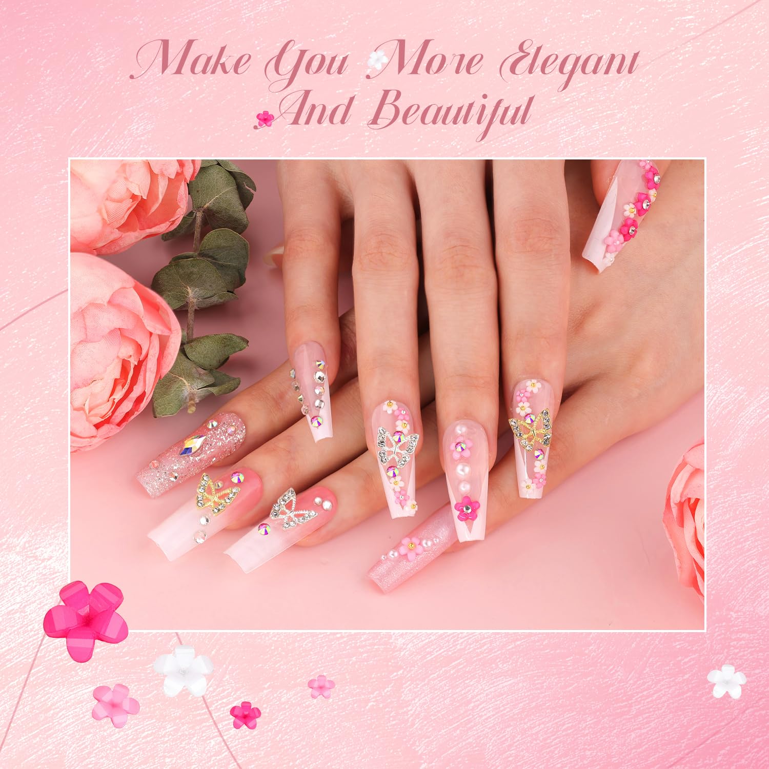 3D Nail Charms and Gems Set 5, 75PCS Chunky Coquette Pink and White Bow Nail Charms + Kawaii Cute 3D Flowers for Nails + Clear and AB Glass Rhinestones + Flatback Pearls for Y2K Acrylic Nail Design-BrightBean Baby