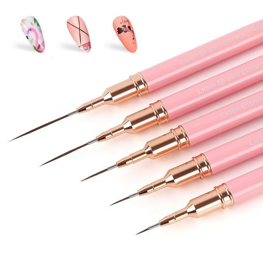 Artdone Metallic Nail Art Pens, Liner Brushes Set, 5PCS Pink Color Nail Tools For Long Lines, Thin Details, Fine Drawing, Liner Brush UV Gel Polish Painting Nail Design Sizes 5/8/12/20/25mm-BrightBean Baby