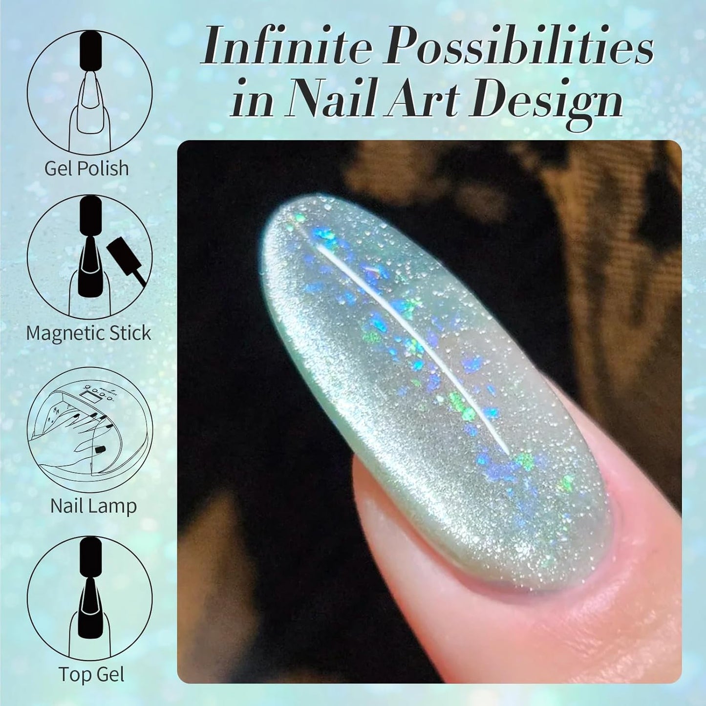 Born Pretty Green Cat Magnetic Eye Gel Nail Polish Shimmer Glitter Flakes Holographic Aurora Mint Green Magnetic Gel Polish Nail Art Manicure DIY at Home 15ML-BrightBean Baby