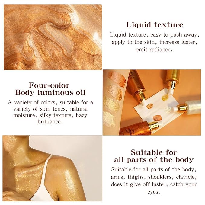 Shimmer Body Oil-Gold Face Brighten Glow Pearl Highlighter Liquid Illuminator Body Glow Oil,4 Color Bronze Makeup Glitter Body Shimmer Oil with Makeup Brush-BrightBean Baby