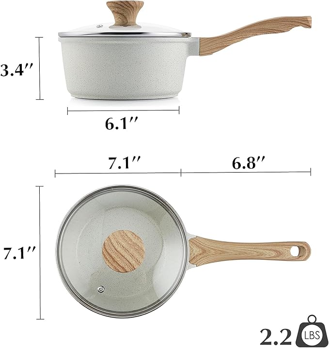SENSARTE White Ceramic Nonstick Saucepan Set with Lid - 2.0 + 2.5 QT White Granite