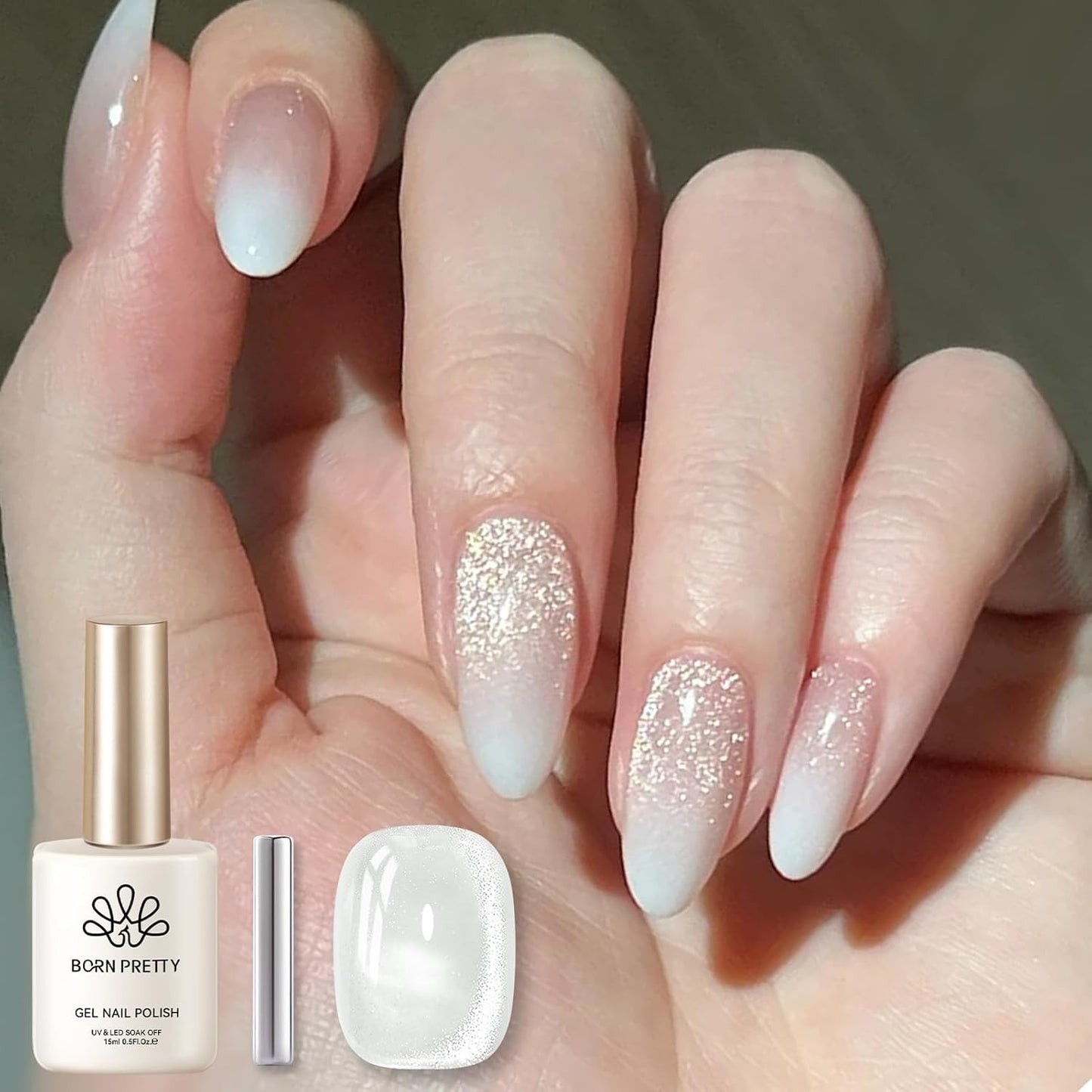 BORN PRETTY Cat Magnetic Eye Gel Nail Polish, Milky White Cat Glitter Cat Magnetic Gel Nail Polish, Holographic Magnetic Nail Polish for Nail Art Manicure Salon DIY at Home 15ML-BrightBean Baby