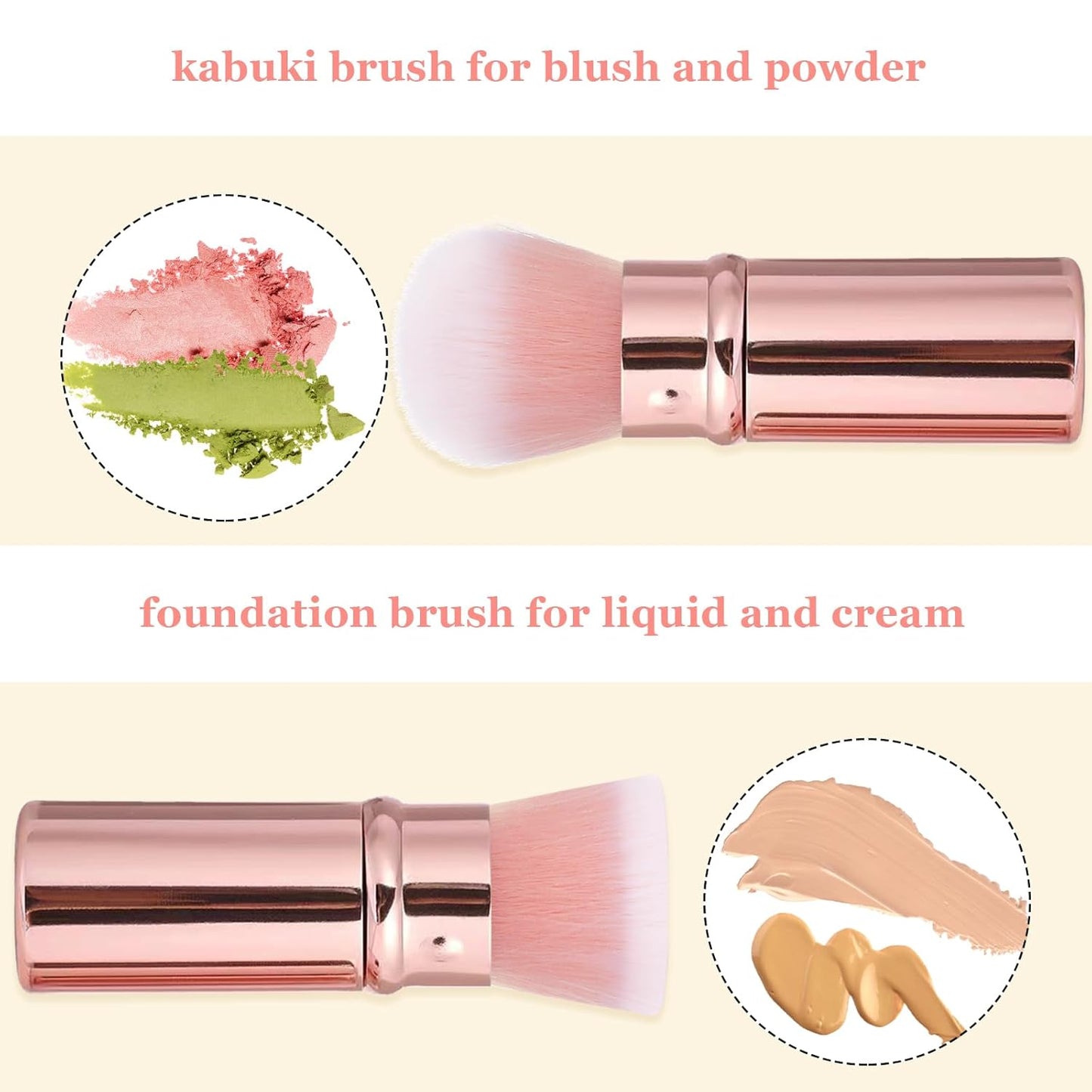 Makeup Brush 2 Pack, Retractable Travel Kabuki Powder Foundation Makeup Brush Face Blush Brushes for Blending Liquid, Blush, Bronzer, Buffing, Sunscreen,Flawless Cosmetics-BrightBean Baby