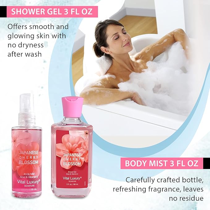 Bath & Body Kit, 3 Fl Oz Travel Size, Ideal Skincare Relaxing Home Spa Set, Includes Body Lotion, Shower Gel, Body Cream, and Fragrance Mist, Bath Gifts for Her and Him (Japanese Cherry-BrightBean Baby