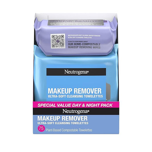 Neutrogena Day & Night Wipes, Makeup Remover Face Cleansing Towelettes & Night Calming Facial Cloths, 100% Plant Based Fibers Wipe Away Dirt, Alcohol-Free, 3 Packs of 25 ct, 75 ct-BrightBean Baby