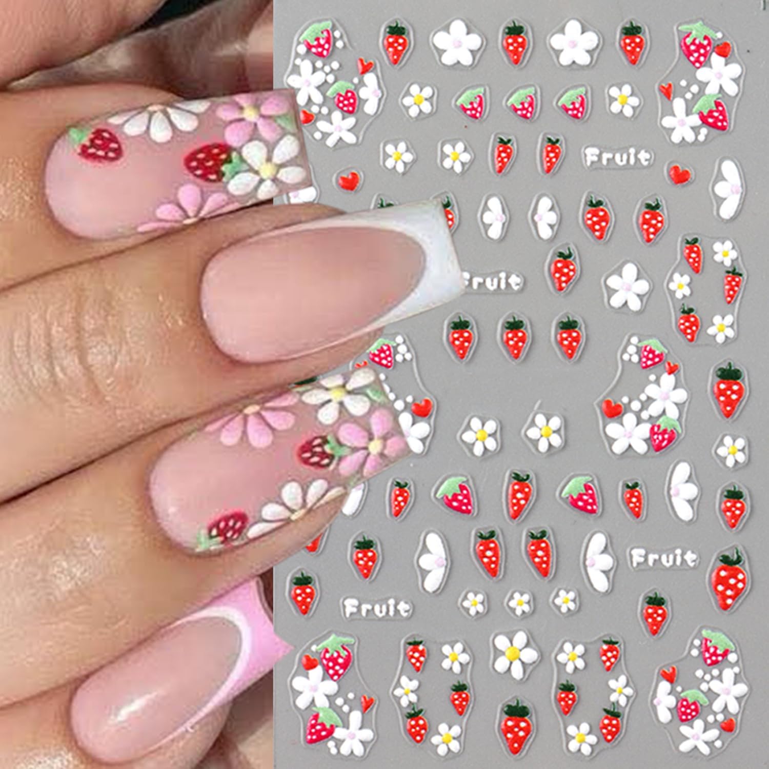 5 Sheets Autumn Winter Flower Nail Art Stickers 3D Self-Adhesive Nails Stickers Floral Strawberry Daisy Pattern French Tip Design Wine Red Brown Blue Gold 3D Decals Women DIY Nail Art Decoration-BrightBean Baby