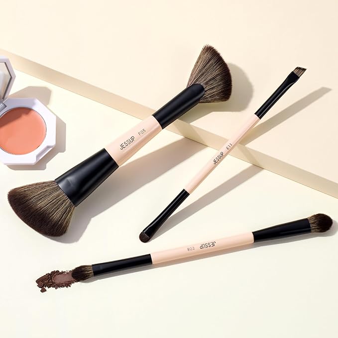 Jessup Travel Makeup Brushes Set 3pcs, Double Sided Contour Brush Dual Ended Eye Shadow Shader Eyeliner Brush, Multi-functional Makeup Set Peach Dust T507-BrightBean Baby