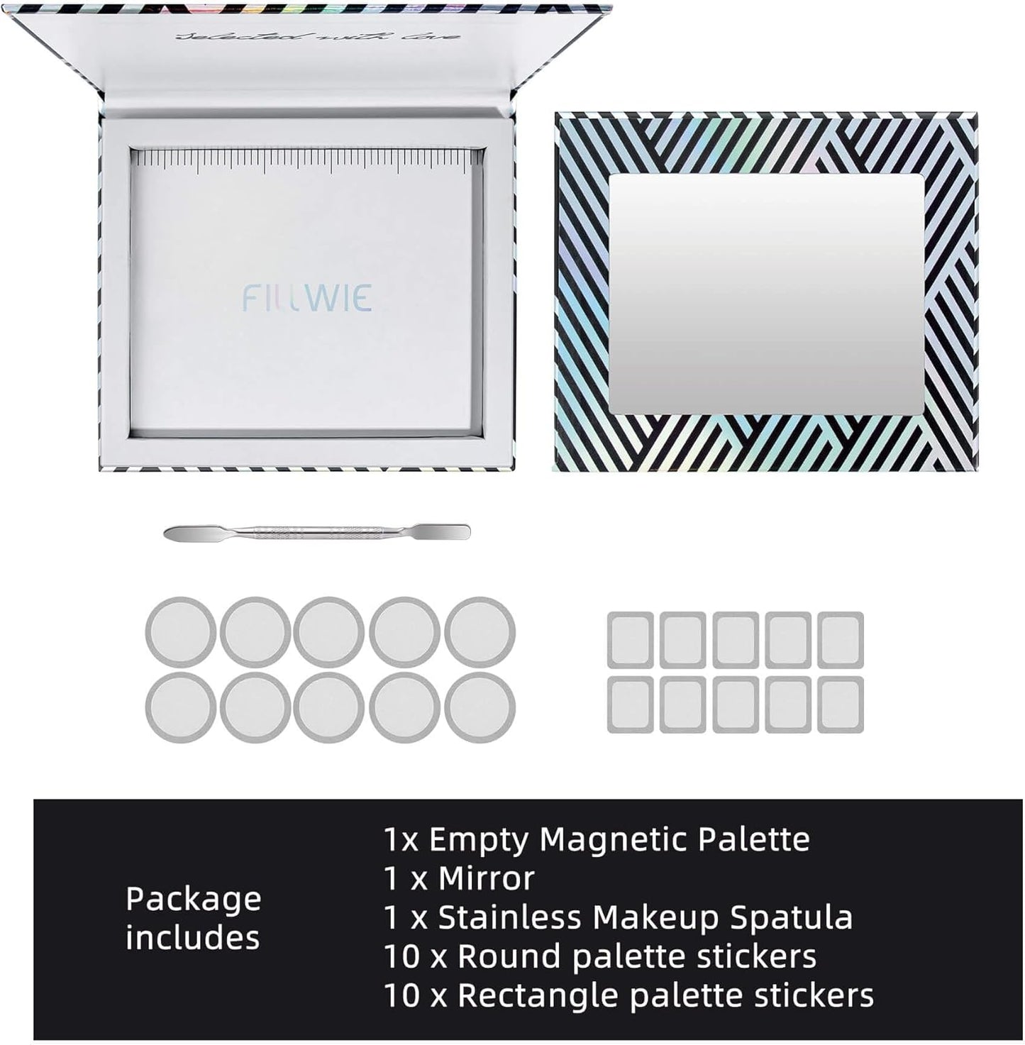 Empty Magnetic Makeup Palette with Mirror, Spatula, 20 Metal Stickers, Suitable for Eyeshadow Lipstick Blush Powder Highlighter and Contour, DIY Refillable, Holographic Stripes (Black, Medium)-BrightBean Baby