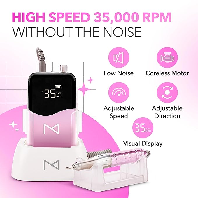 M Mase- Professional Nail Drill Machine - Coreless 2-in-1 Nail File - Electric, Cordless, 35000 RPM, HD Display - Electric Nail Drill for Professional & Home Use (Unicorn Pink)-BrightBean Baby