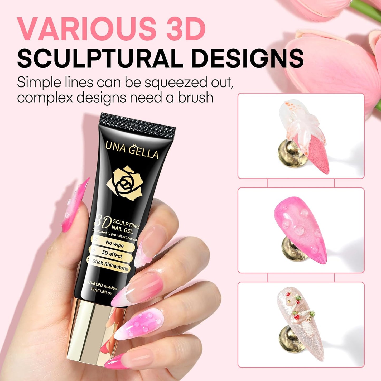 UNA GELLA 3D Gel Nail Art, 3D Nail Gel Sculpting G el Glue 15g 4 in 1 No Wipe Clear Nail Polish for Nails Tips, Chrome Powder, Nail Charms Gems, Drawing, Molding and DIY Nail Art Lamp Curing Needed-BrightBean Baby