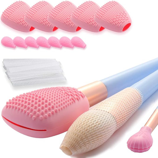 Silicone Travel Make-up Brush Holder with Cleaner Mat Pad, Organizer Case Covers for Foundation Eye Lip Brushes Storage Cleaning, Gift for Women Girl-friend Mother Wife, 5-Pcs Large + 7 Small, Pink-BrightBean Baby