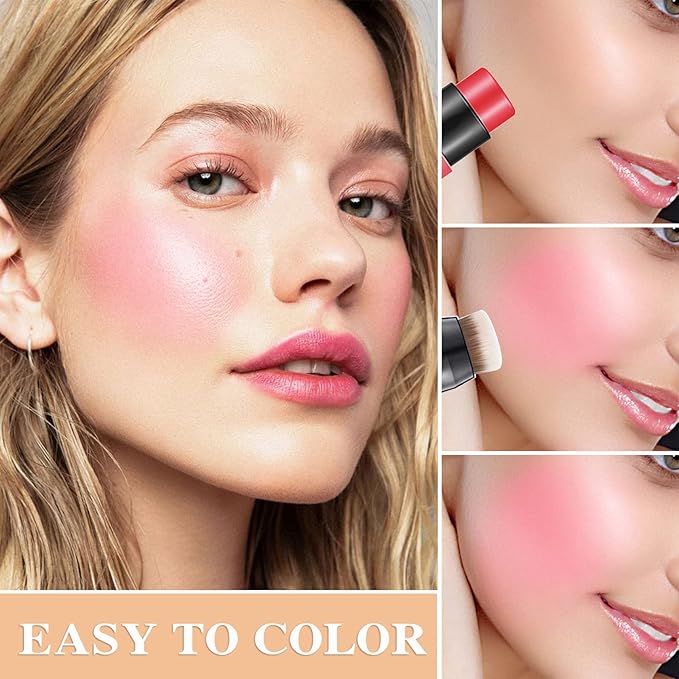 Cream Blush Stick with Brush,Waterproof Multi Cream Makeup Stick,Lightweight,Long-lasting,2 in 1 Multi Blush for Cheeks & Lip Tint & Eyeshadow Makeup(#02 Rose Power)