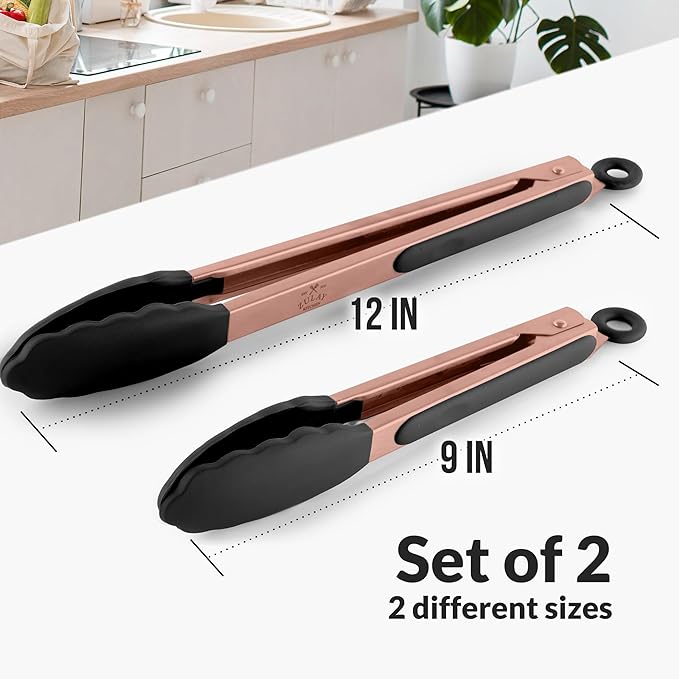Zulay Stainless Steel Kitchen Tongs with Silicone Tips - Set of 2 (9” & 12”) Locking Cooking Tongs with Non-Slip Grip - Heat Resistant, BBQ Food Tongs for Non-Stick Cooking Pans (Rose Gold/Black)
