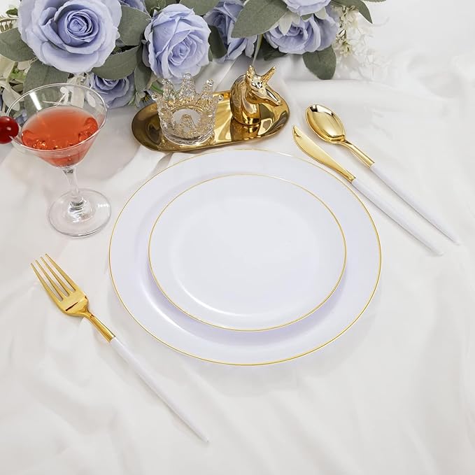 I00000 144Pcs Gold Plastic Silverware, Gold Plastic Utensils Set,Disposable Utensils Heavy Duty,Disposable Silverware Set Includes 48 Forks,48 Knives,48 Spoons for Party & Wedding