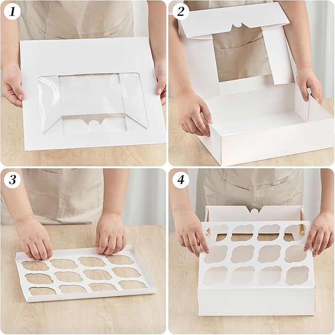 Kucoele 12 Count Cupcake Boxes, 12 Pack White Cupcake Containers with Windows and Inserts, Disposable Cupcake Carriers for Muffins, Treats, Pastries, 13 x 10 x 4 Inches