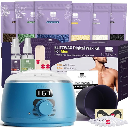 BLITZWAX Back and Nose Waxing Kit for Men, Hard Wax Warmer for Brazilian, Body and Face, At Home Hair Removal Kit, Beginner Friendly, Quick Heating, 93 Accessories, Royal Blue-BrightBean Baby