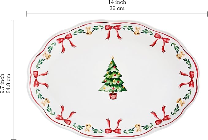 Bico Ribbon Christmas Scalloped 16 plus 14 inch Ceramic Oval Platters Set, Set of 2, Microwave & Dishwasher Safe, for Serving Fish, Chicken, Turkey
