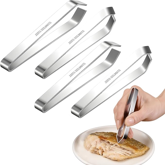 4 PCS Fish Bone Tweezers,430 Stainless Steel Flat & Slant Pliers Set for Kitchen Removing Salmon Trout Bones,Chicken Feathers