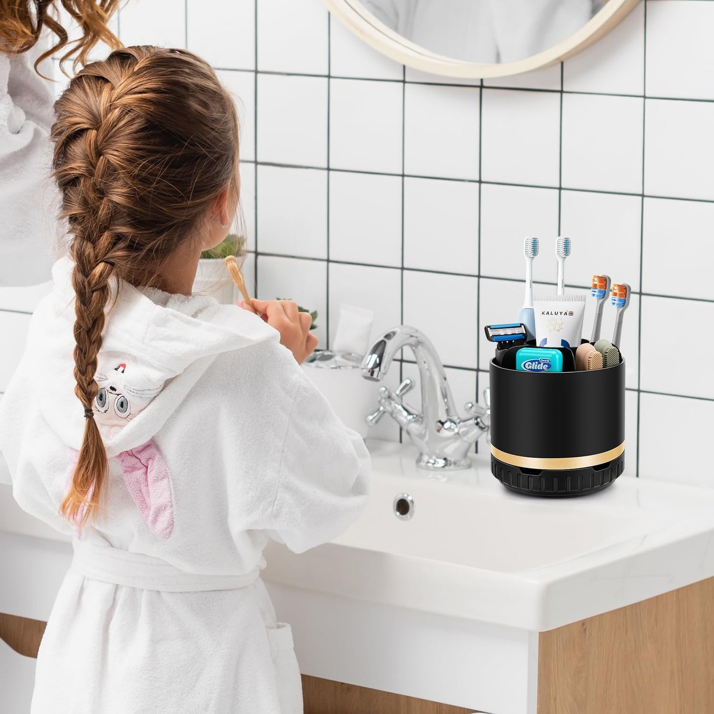 Bathroom Organizer Countertop - Rotating Black Toothbrush Holder for Bathroom Accessories Organization Detachable 6 Slots Bathroom Sink Storage Caddy Vanity Organizer-BrightBean Baby