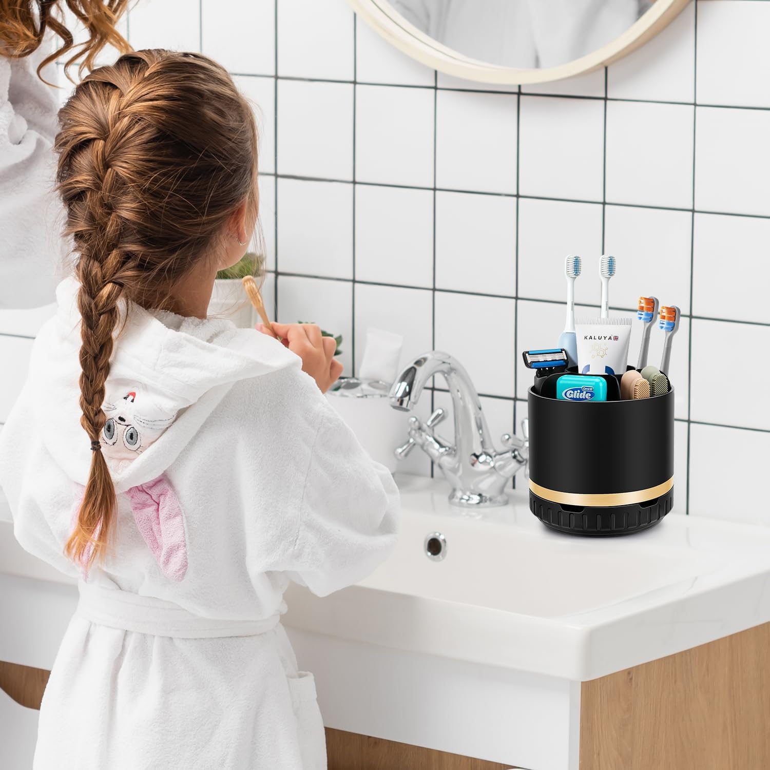 Bathroom Organizer Countertop - Rotating Black Toothbrush Holder for Bathroom Accessories Organization Detachable 6 Slots Bathroom Sink Storage Caddy Vanity Organizer-BrightBean Baby