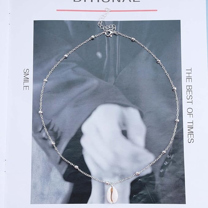 Bohemia Sea Shell Choker Necklace Natural Shell Pendant Necklace Minimalist Cowrie Necklace Silver Satellite Chain Necklace Jewelry for Women and Girls-BrightBean Baby