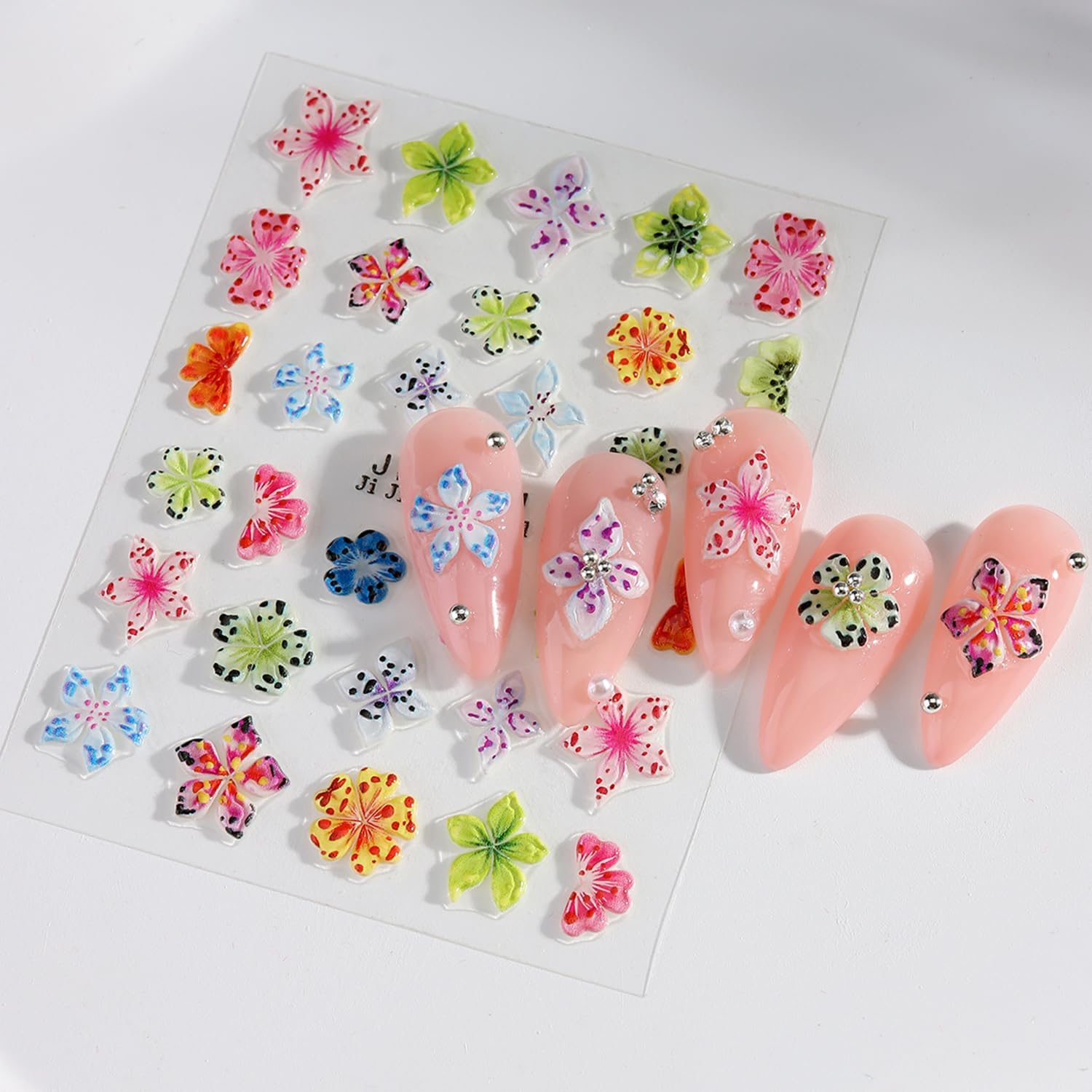Colorful Flower Nails Art Stickers 5D Self-Adhesive Embossed Nails Stickers Hibiscus Flower Design Tropical Floral Nails Decal Supplies Women DIY Nail Art Decoration 3 Sheets-BrightBean Baby