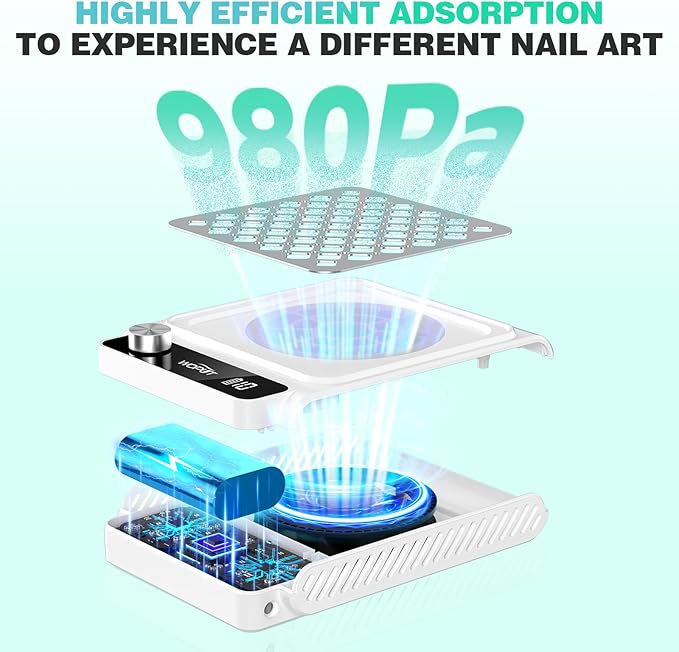 Rechargeable Nail Dust Collector, 980PA Portable Cordless Nail Vacuum Dust Collector Fan with Filter Papers (30 Pcs) for Acrylic Nail Polishing & Manicure Pedicure at Nail Salon & Home - White-BrightBean Baby