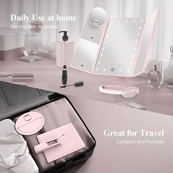 HUONUL Makeup Mirror Vanity with Lights, 2X 3X 10X Magnification, Lighted Mirror, Touch Control, Trifold Dual Power Supply, Portable LED Women Gift (Pink)-BrightBean Baby