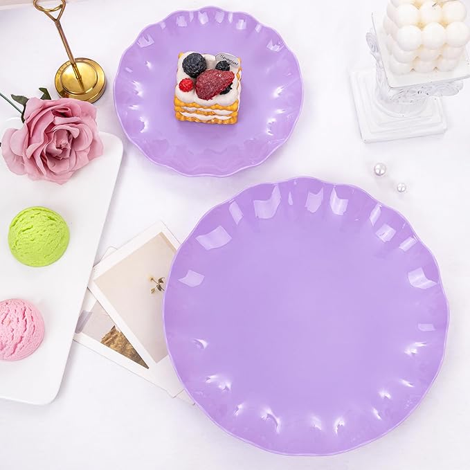 LIYH 24pcs Purple Plastic Plates Reusable, Unbreakable Dinner Plates,Scalloped Plate,Microwave & Dishwasher Safe Unbreakable Party Plate for Birthday (12Guests)
