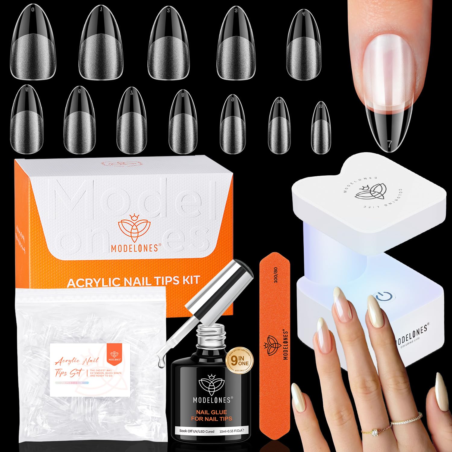 modelones Medium Almond Gel Nail Tips Kit, 9-in-One Nail Glue with Portable U V Lamp 216Pcs 12Sizes Pre-Etched Press ons Fake Acrylic Extension Kit DIY Salon Gift for Women-BrightBean Baby