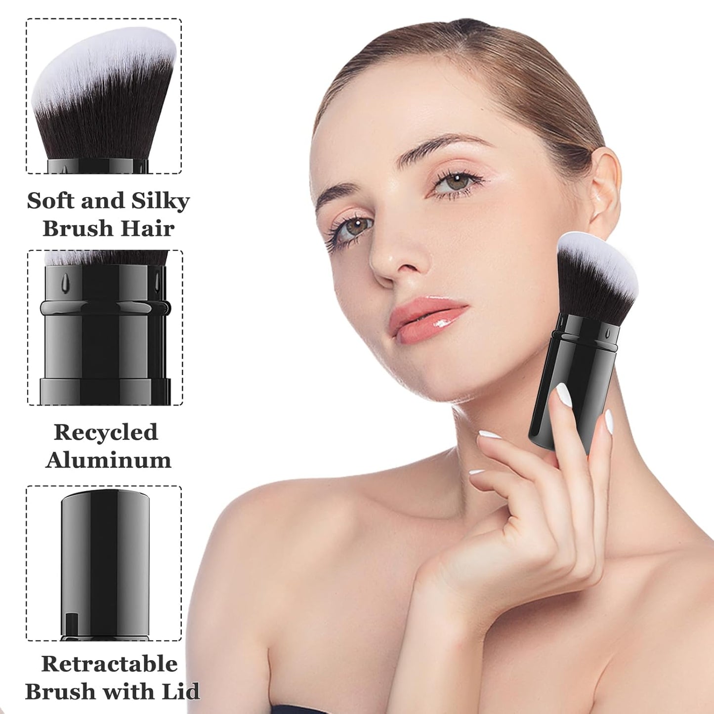 Falliny Retractable Makeup Brush, Angled Kabuki Powder Foundation Sunscreen Makeup Brush, Travel Face Blush Brush with Cover for Blush, Bronzer, Buffing, Concealer, Highlighter,Powder Cosmetics-BrightBean Baby