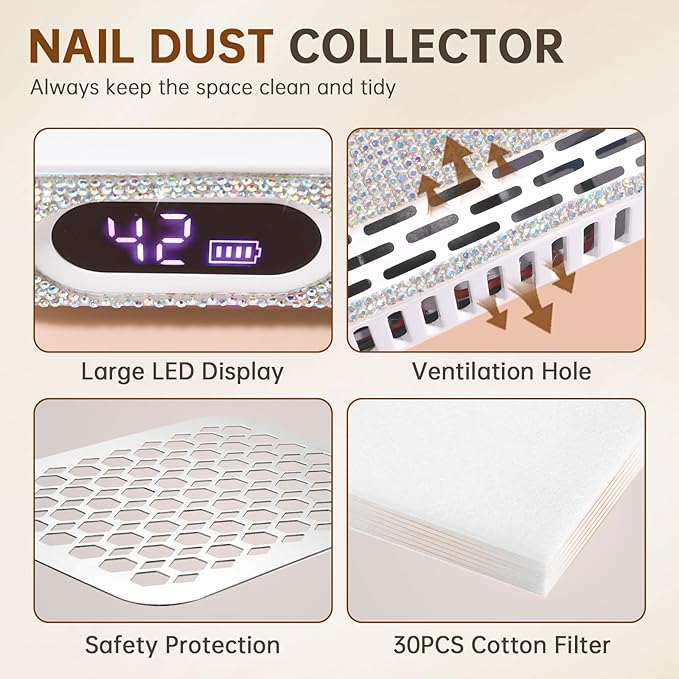 Nail Dust Collector, Rechargeable Dust Collector Nail Tech, Powerful Vacuum Fan Vent Dust Collector Extractor Dust Suction Machine for Acrylic Nails Polishing, Nail Salon&Home, White-BrightBean Baby