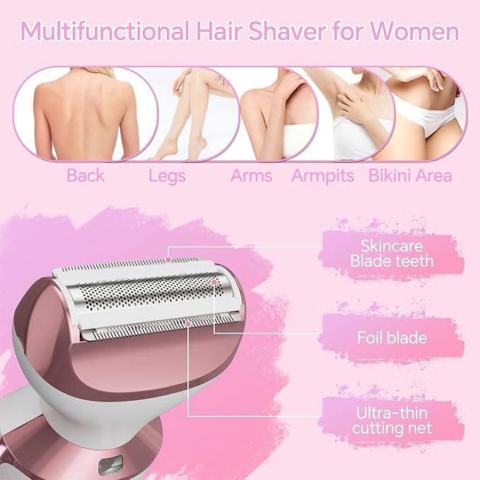 Electric Razor for Women, 4-in-1 Bikini Trimmer & Body Shaver for Face, Legs, Underarms, Pubic Hair, Rechargeable Wet/Dry Painless Hair Removal with LED Light & Travel Lock-BrightBean Baby