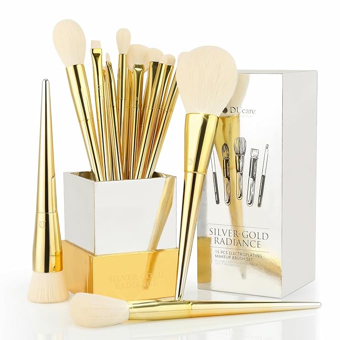 DUcare Makeup Brushes 15Pcs Makeup Brush Set with Holder Premium Synthetic Powder Foundation Contour Blush Concealer Eye Shadow Blending Liner Make Up Brush Kit gold-silver-BrightBean Baby