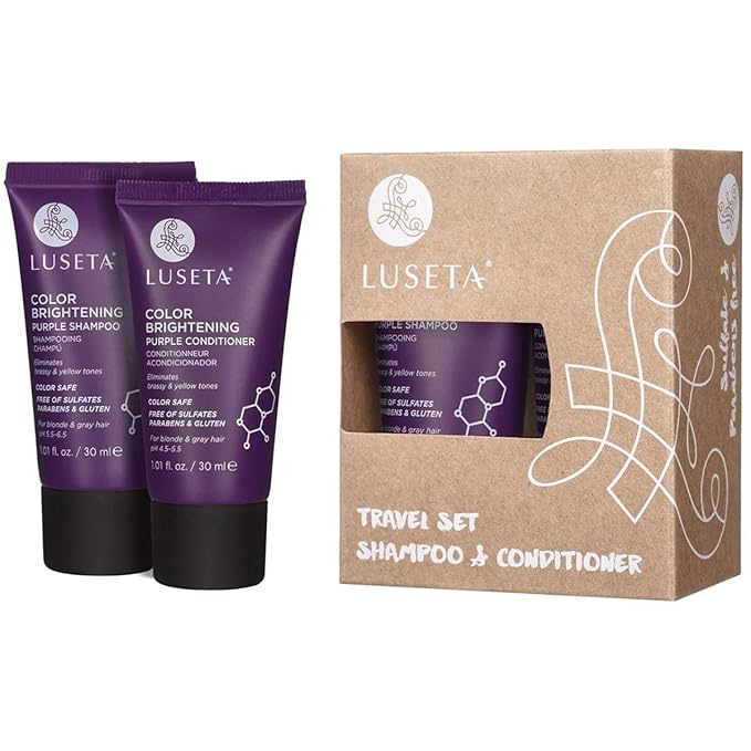 Luseta Color Brightening Purple Shampoo and Conditioner Travel Kit for Blonde and Gray Hair -Infused with Cocos Nucifera Oil to Help Nourish, Moisturize and Condition Hair, 2x1.01oz-BrightBean Baby