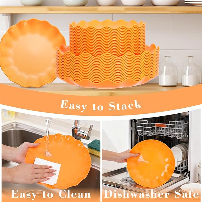 LIYH 50 Pcs Heavy Duty Thanksgiving Plates Orange Scalloped Plastic Plates Reusable Unbreakable Halloween Plastic Plate for Thanksgiving & Halloween Day, Dishwasher Safe BPA Free (25Guests)