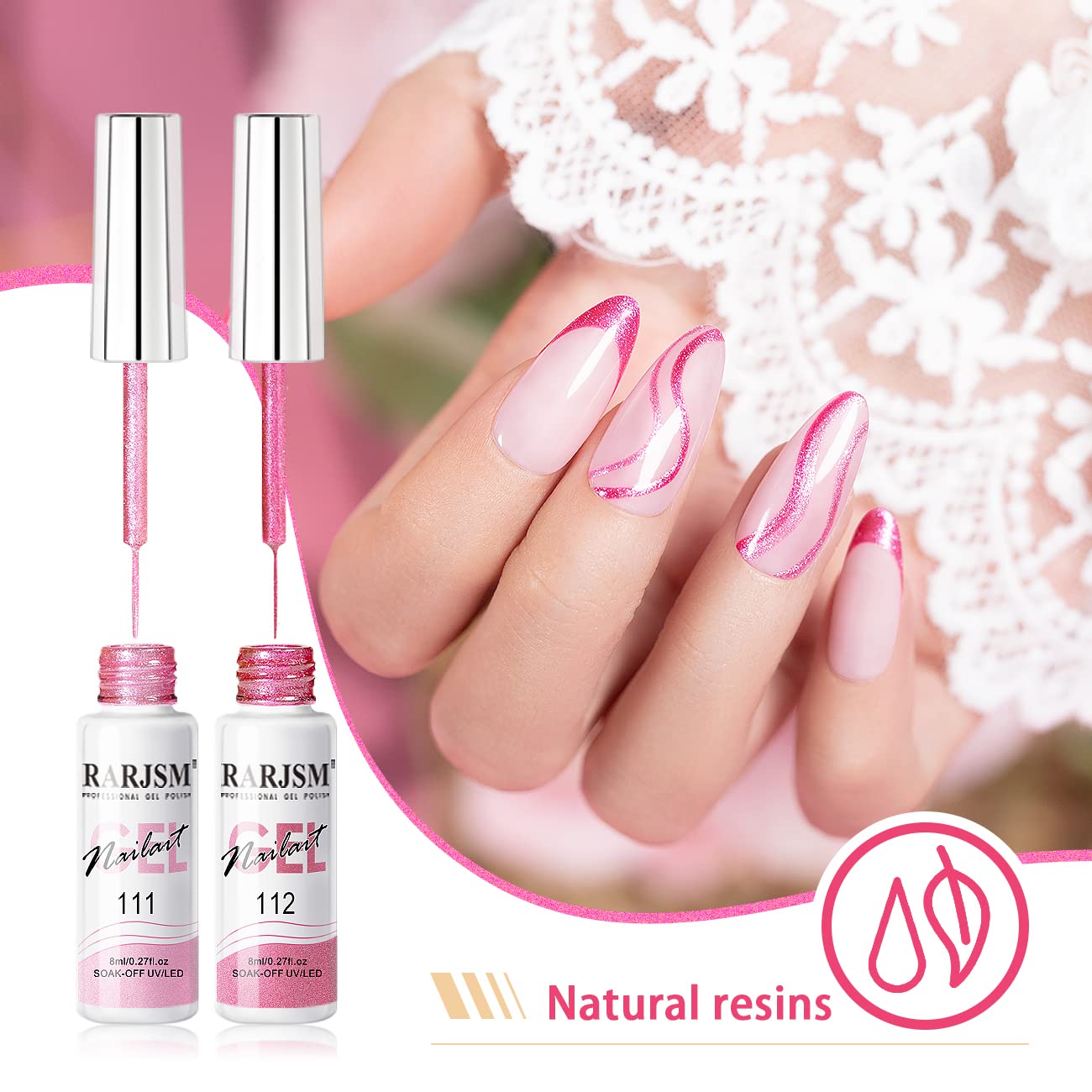 RARJSM Metallic Gel Liner Nail Art Pink,Glitter Painting Gel Nail Polish 2PCS Set,Mirror Chrome Hot Pink Drawing Line Art Gel with Thin Brush Nail Design Line Wire Curing Requires 8ml DIY Manicure-BrightBean Baby