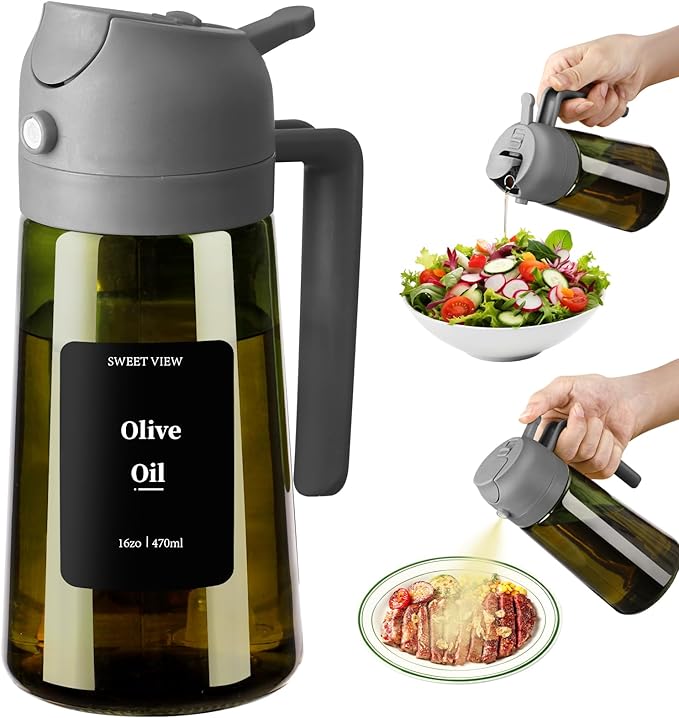 Olive Oil Dispenser and Oil Sprayer – 16oz/470ml Glass Light-Proof Oil Pourer for Kitchen, Air Fryer, Cooking, Salad, and BBQ