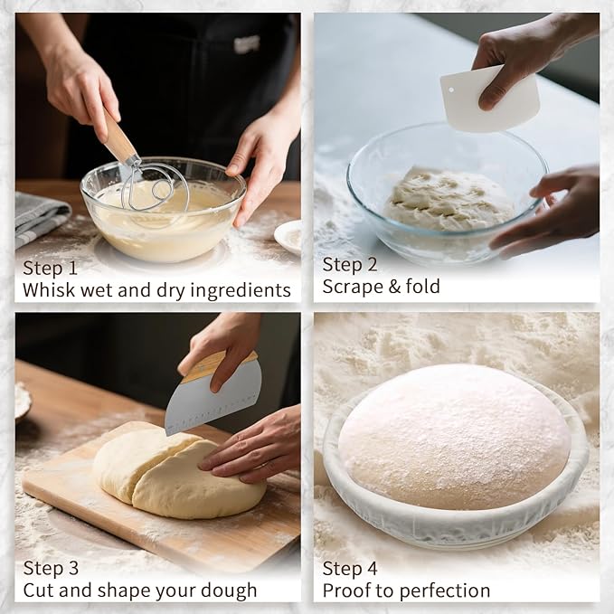 Bread Proofing Basket Set, Round 9 Inch and Oval 10 Inch Banneton Bread Bowl, Sourdough Bread Making Supplies Tools with Bread Lame, Danish Whisk, Bowl Scraper, Sourdough Scraper, Liners