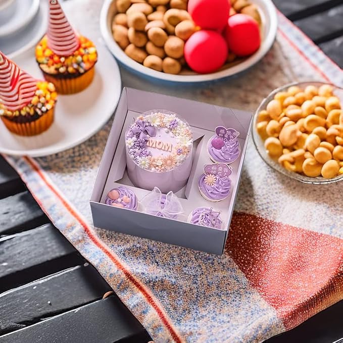 Bento Cake and Cupcake Box 2-in-1 4-inch Cake and 5 Cupcakes Box 5 Sets with One Wide Roll of Ribbon for Family Dinner Birthday Party Picnic Gift (faskdfh)