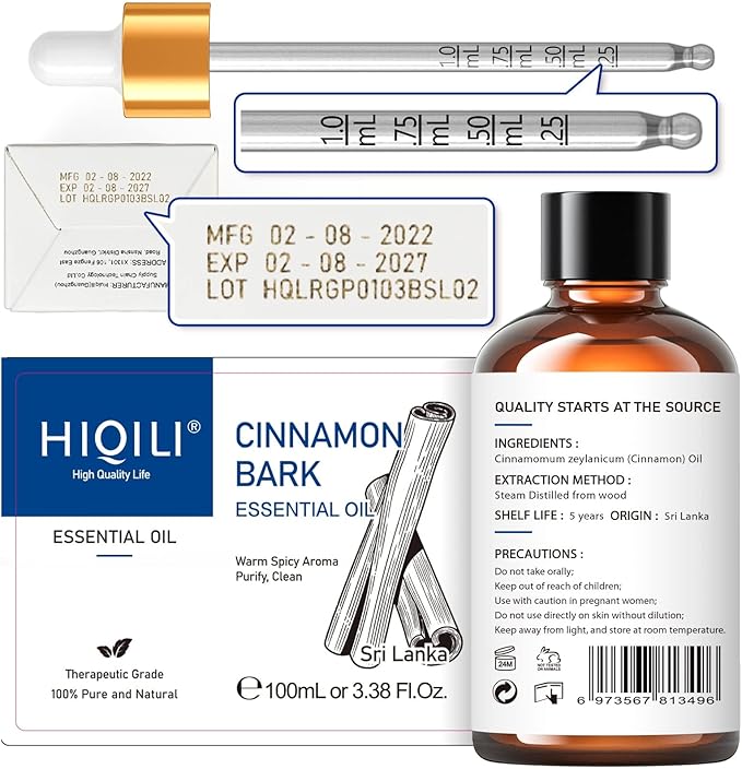 HIQILI Cinnamon Essential Oil for Spary, Diffuser, Garden and Kitchen - 100% Pure Natural - Indoor and Outdoor, 3.38 Fl Oz-BrightBean Baby